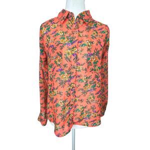 Monteau Peach Floral Blouse Sheer Lightweight Long Sleeve Womens Size Medium